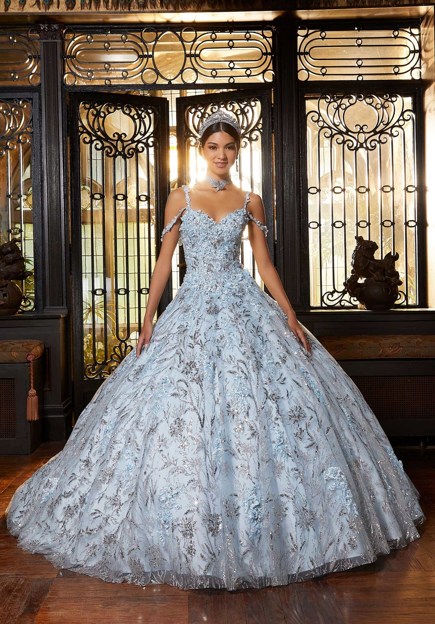 Floral Lace and Glitter Quinceñera Dress